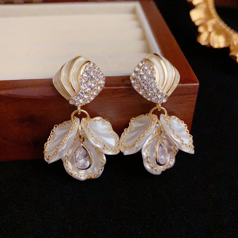 Luxury Zircon Diamond & White Petal Drop Gold Earrings – Floral Design