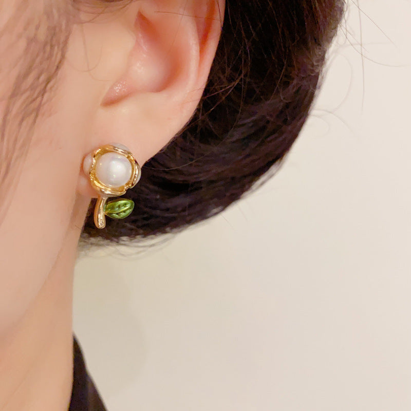 14K Gold Plated Enamel Pearl Bouquet Stud Earrings – Elegant Design