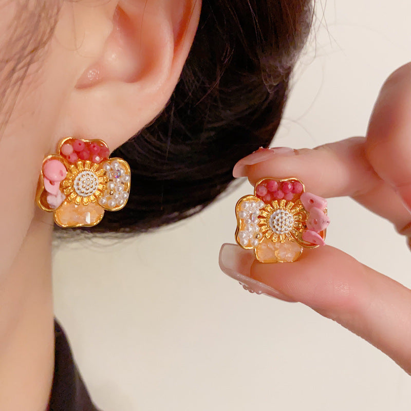 14K Gold Handmade Colorful Four-Leaf Flower Earrings – Elegant Design
