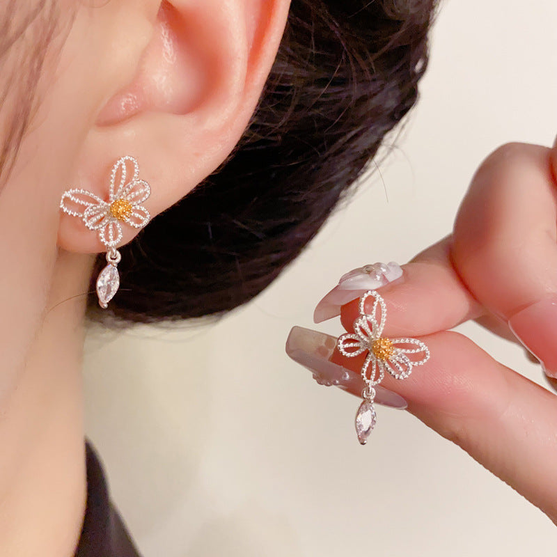 Luxury Hollow Butterfly & Droplet Drop Sliver Earrings– Elegant Design