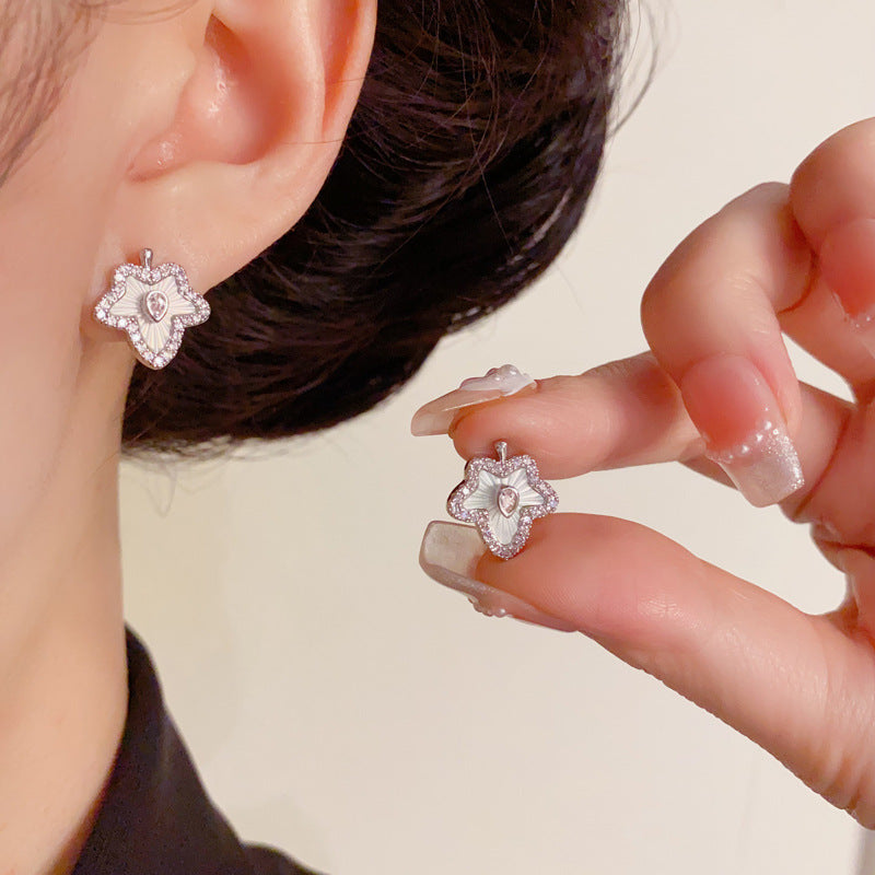 Luxury Zircon & Pearl Maple Leaf Stud Earrings – Floral Design