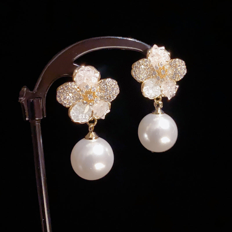 14K Gold-Plated Diamond Flower Drop Pearl Earrings – Elegant Design