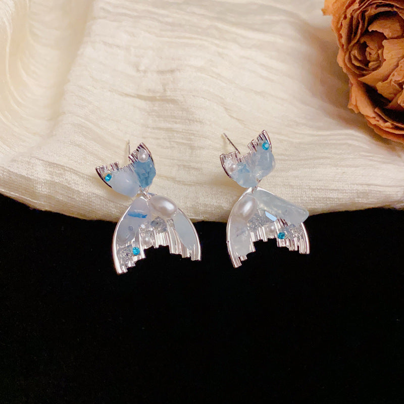 Luxury Blue Crystal Fishtail & Pearl Sliver Earrings – Elegant Design