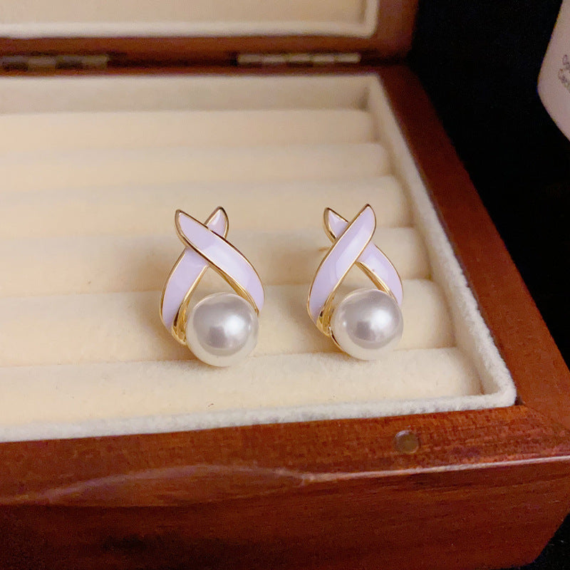 14K Gold-Plated Enamel Cross Pearl Stud Earrings – Minimalist Chic