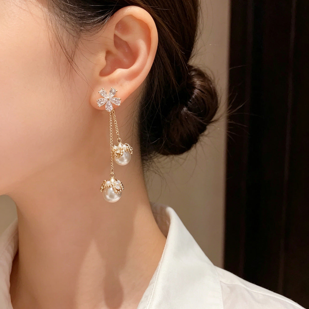 Eaioncol Floral CZ Pearl Tassel Earrings 14K Gold Plated