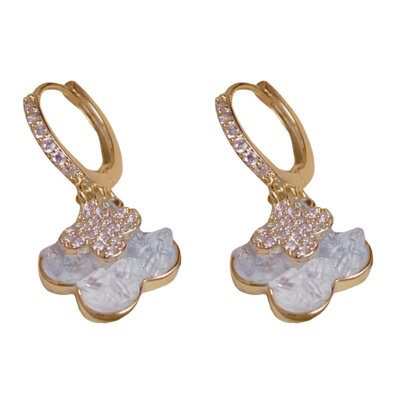 14K Gold Zircon Crystal 4-Leaf Flower Huggie Earrings – Elegant Design