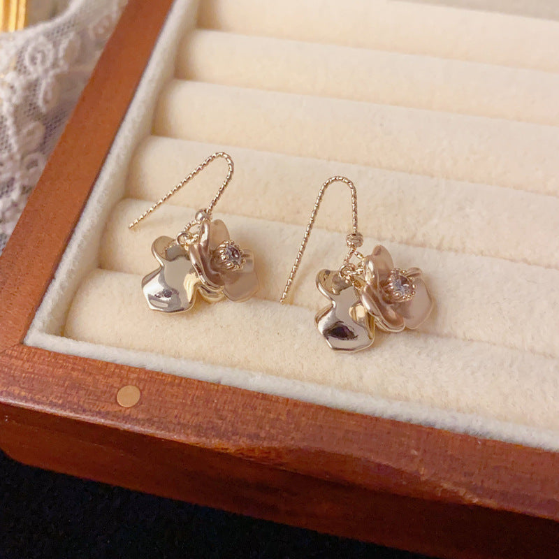 Luxury Zircon Coffee Double-Sided Petal Drop Earrings – Retro Design