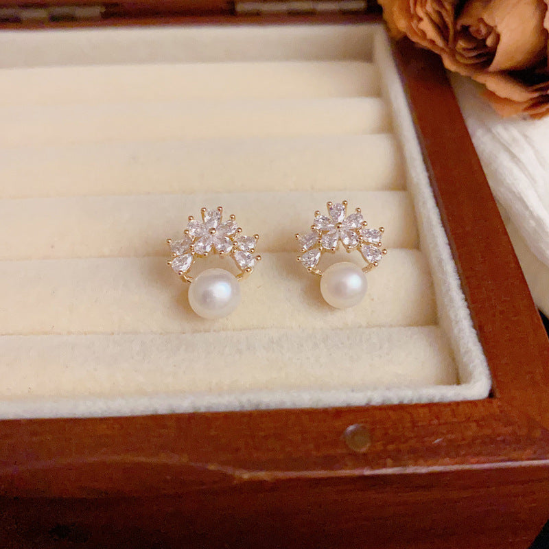 Luxury Zircon Petal & Freshwater Pearl Stud Earrings – Elegant Design