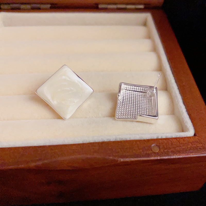 S925 Silver White Diamond-Shaped Stud Earrings – Geometric Design