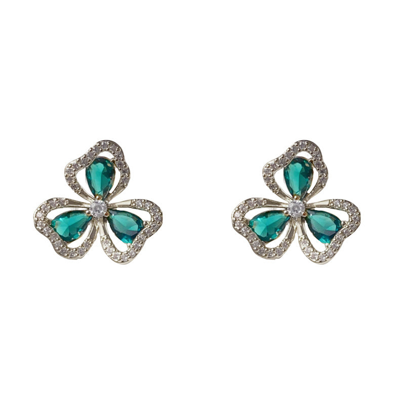Luxury Zircon Green Clover Stud Earrings – Floral Design