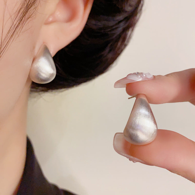 14K Gold Brushed Metal Teardrop Stud Earrings – French Design