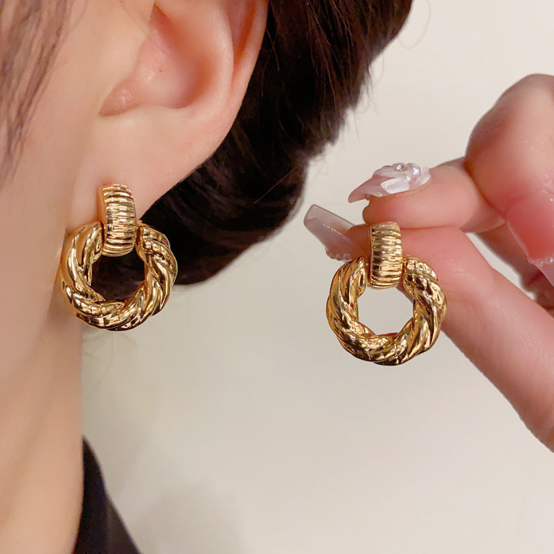 14K Gold-Plated Metal Geometric Braided Circle Earrings- Vintage Style