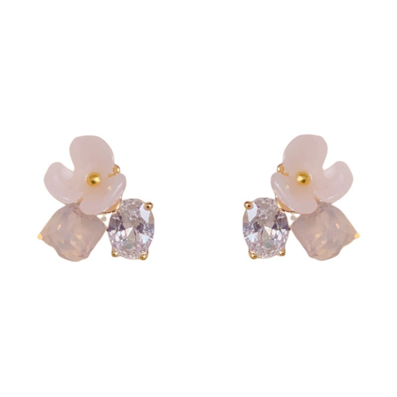 Pink Flower Zircon & Square Crystal Earrings – Elegant Floral Design