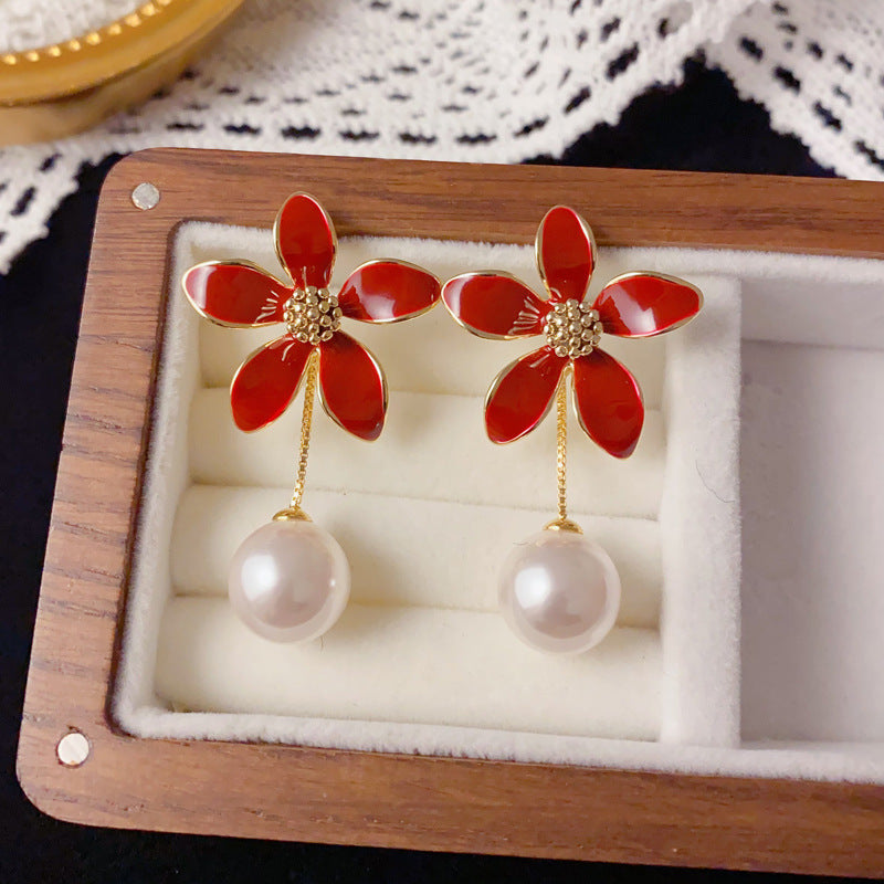 Luxury Red Enamel Petal Pearl Drop Earrings – Floral Design