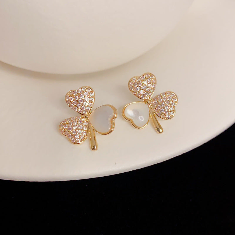 Elegant Zircon 4 Leaf Flower Stud Earrings – French Minimalist Design