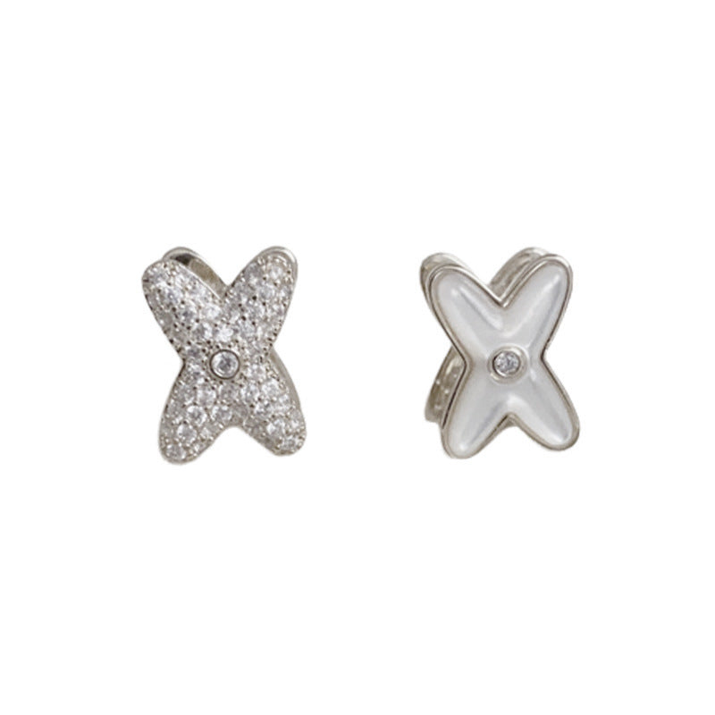 14K Gold Zircon & Mother-of-Pearl Cross Earrings – Elegant Design