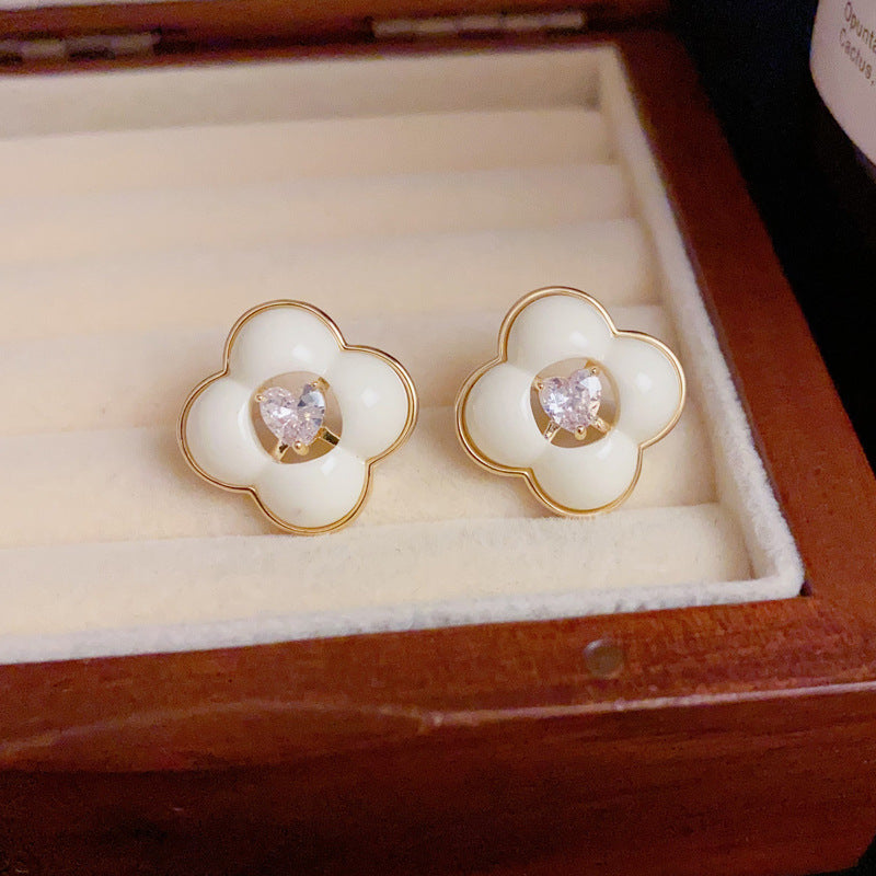 French-Style Zircon Four-Leaf Flower Stud Earrings– S925 Silver Needle