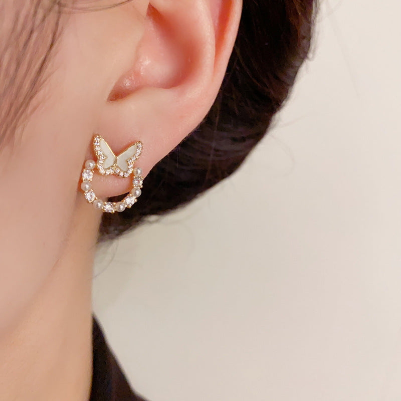 14K Gold-Plated Black Zircon Bead Butterfly Circle Earring - Elegant