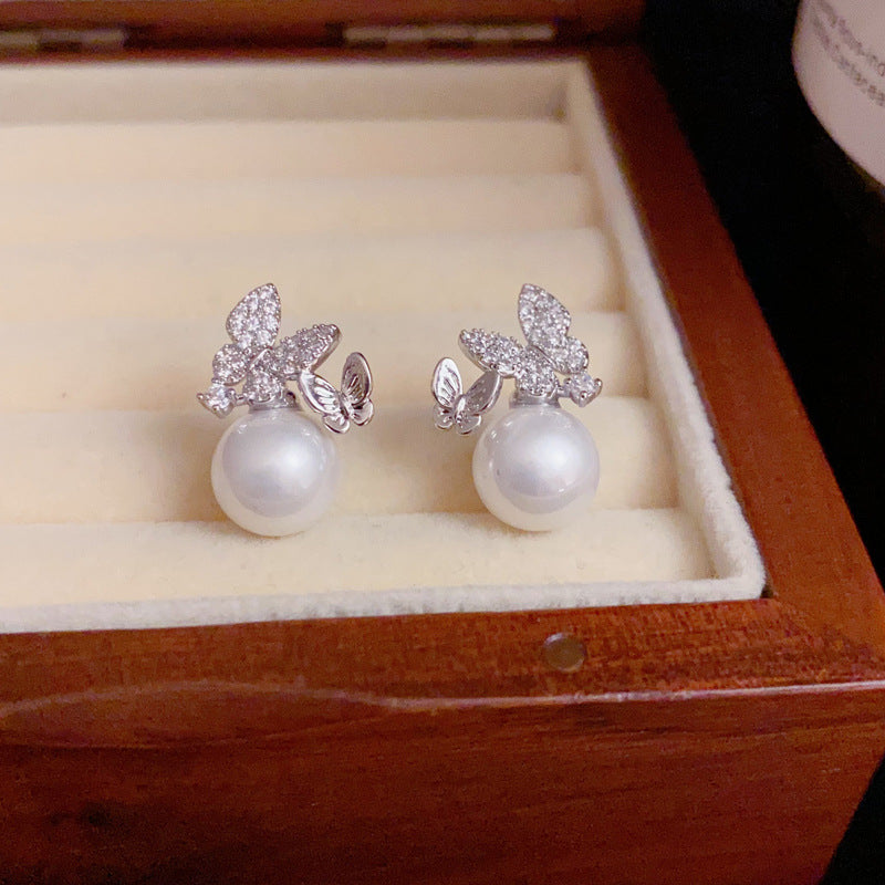 14K Gold Zircon Butterfly Pearl Stud Earrings- Chic Elegance Design