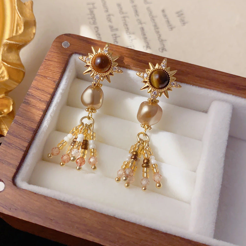 Luxury Sunflower Tiger's Eye Pearl Tassel Earrings – Floral Design