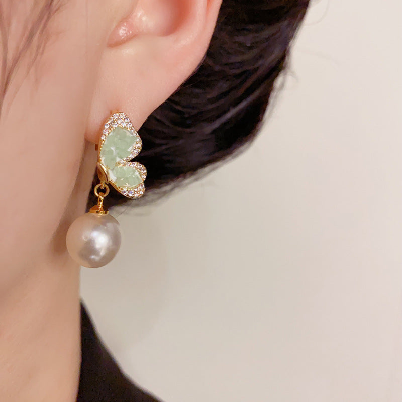14K Gold-Plated Green Butterfly Pearl Drop Earrings – Elegant Design