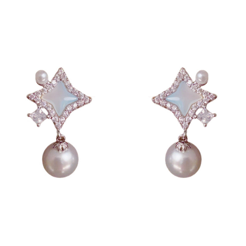 Luxury Mother-of-Pearl Star & Pearl Drop Earrings – Elegant Design