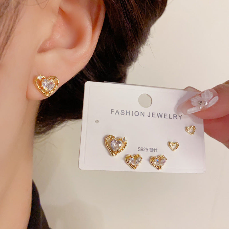 14K Gold-Plated Diamond Heart Three-Piece Stud Earrings-Elegant & Chic