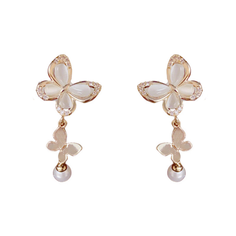 Luxury Zircon Butterfly & Pearl Tassel Drop Earrings – Elegant Design