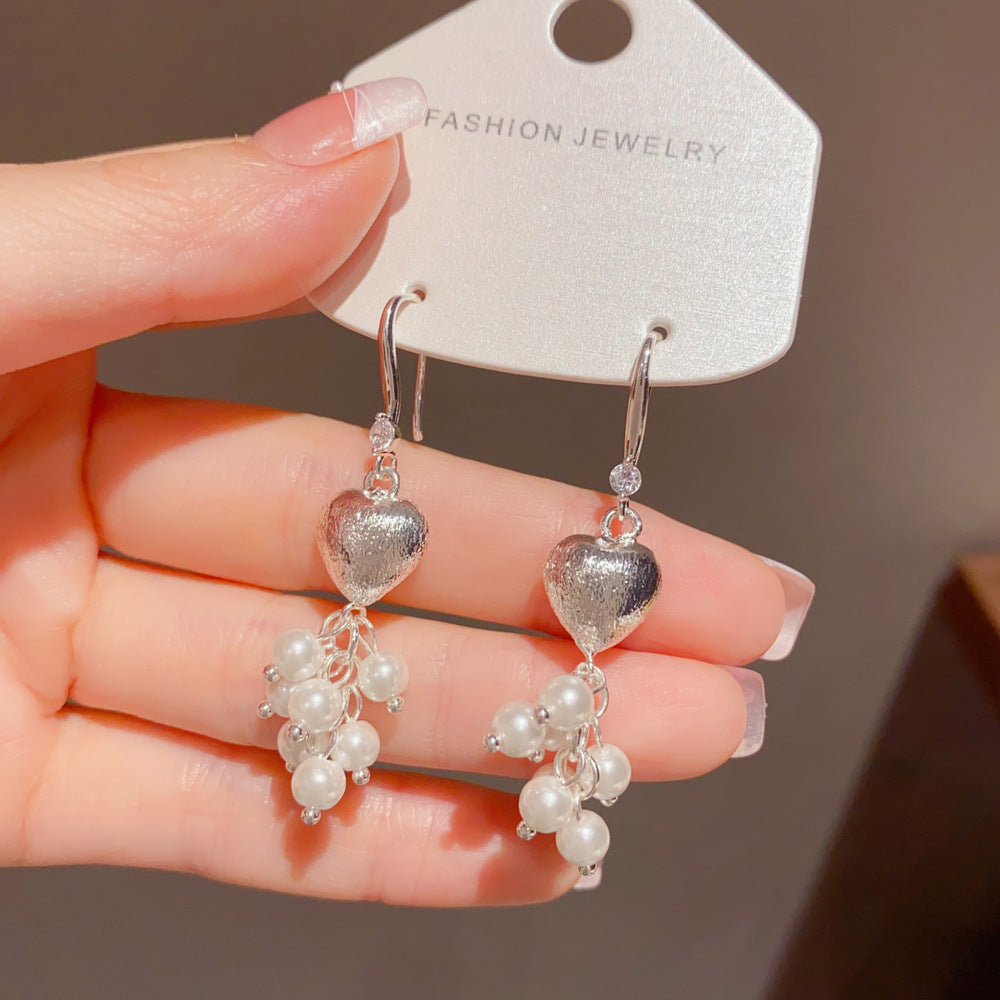 Eaioncol Heart Pearl Tassel Ear Hooks Earrings Gold Silver