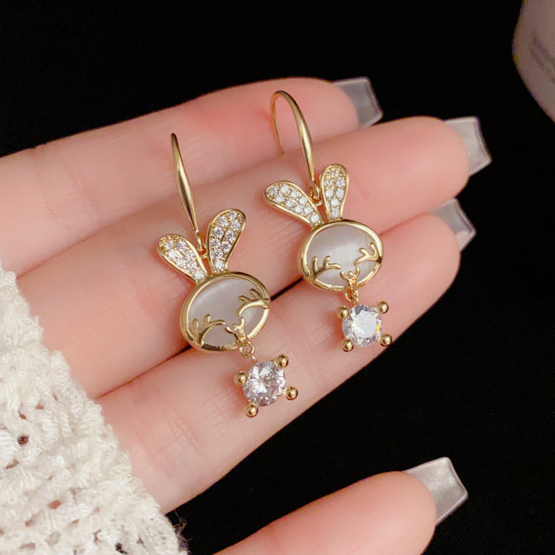 14K Gold-Plated Zircon Cat Eye Rabbit Earrings- Chic Elegance Design