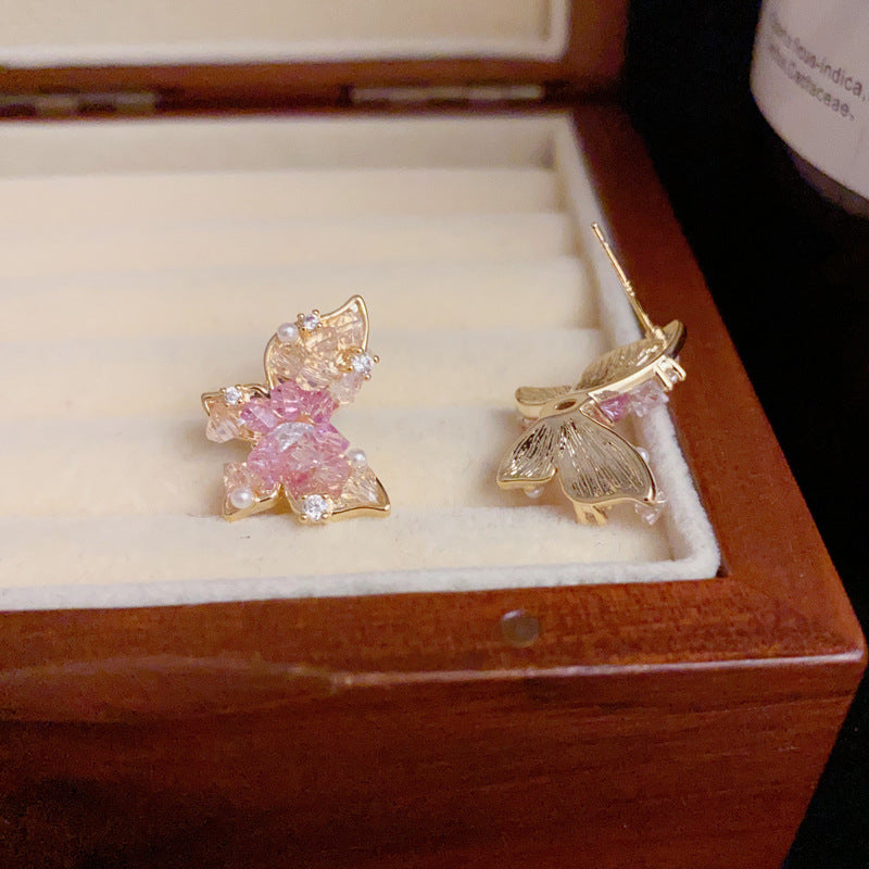 Minimalist Gradient Crystal Butterfly Stud Earrings–S925 Silver Needle