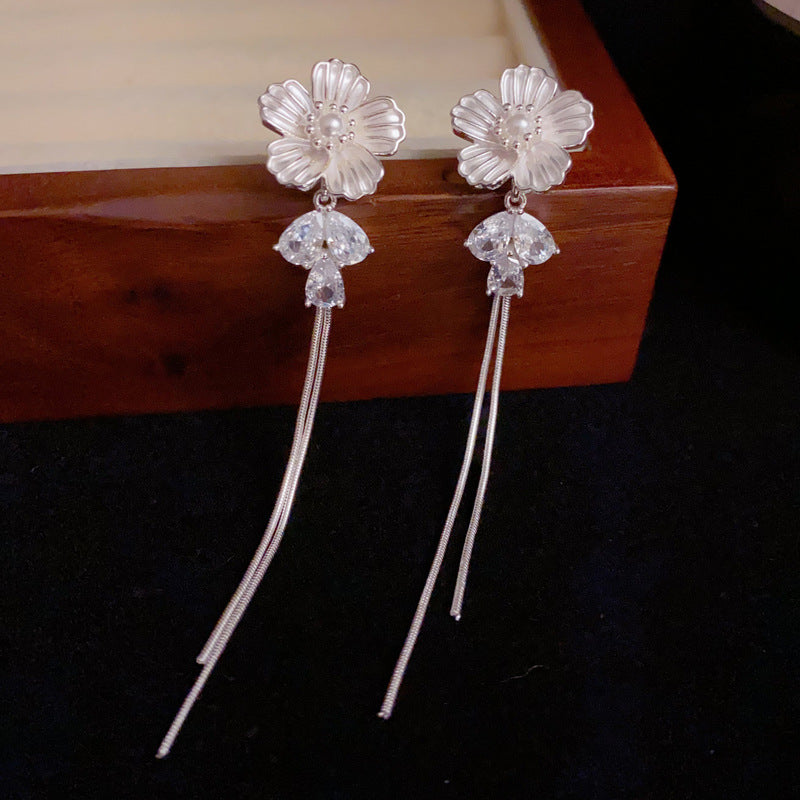 14K Gold Floral Crystal Tassel Drop Earrings – Elegant Slim Design