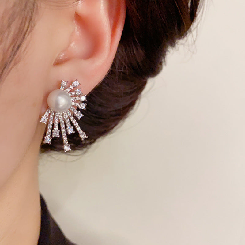 14K Gold-Plated Zircon and Pearl Geometric Earrings - Elegant Design