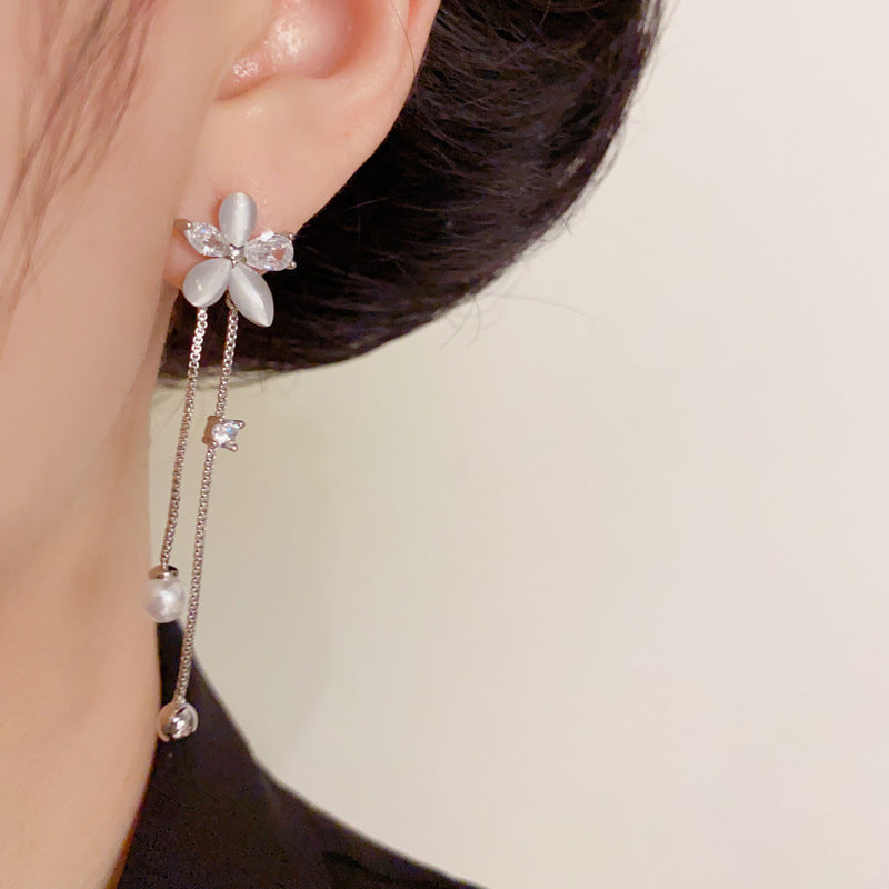 Zircon Flower & Pearl Tassel Drop Flower Earrings – Elegant Design
