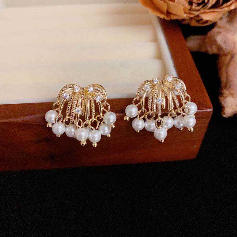 Elegant Firework Pearl Tassel Drop Earrings – Floral Design