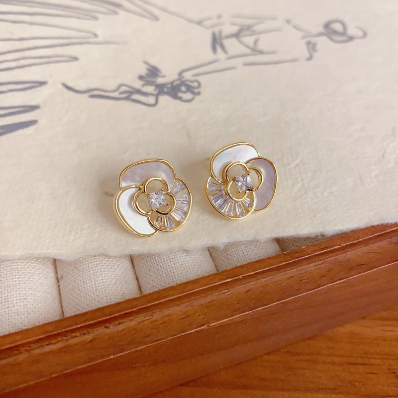 Elegant Shell Camellia Stud Earrings – Refined Floral Design