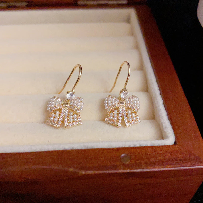 14K Gold-Plated Pearl Bowknot Hook Earrings – Elegant Chic Design