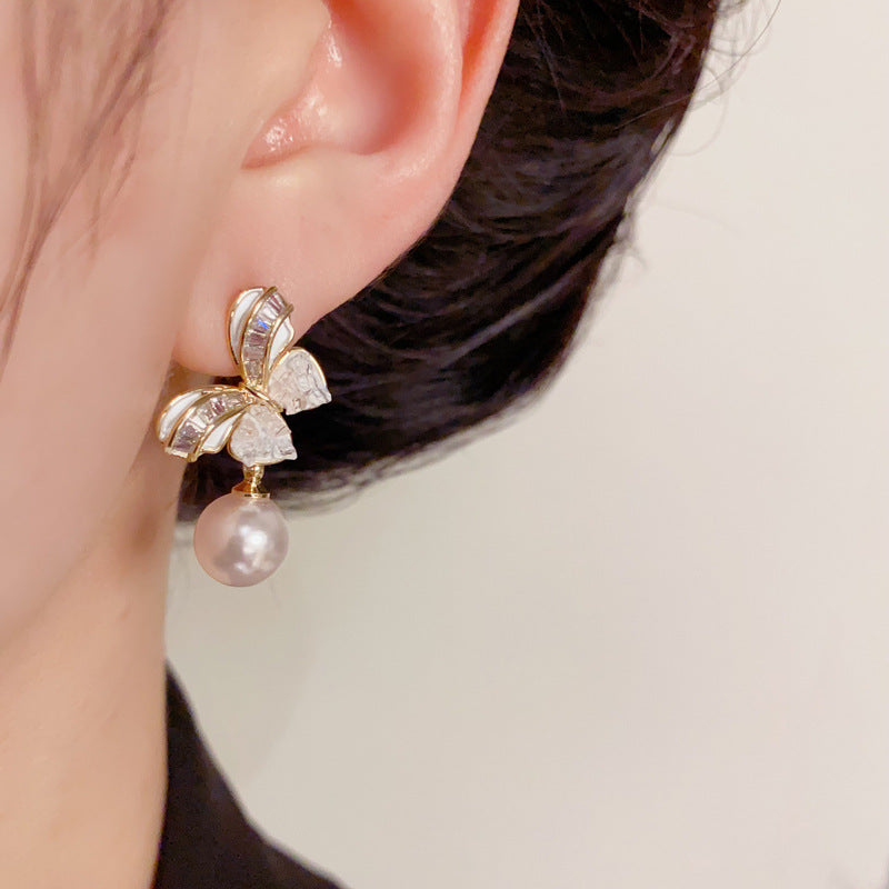 14K Gold-Plated Diamond Butterfly Pearl Drop Earrings – Elegant Design