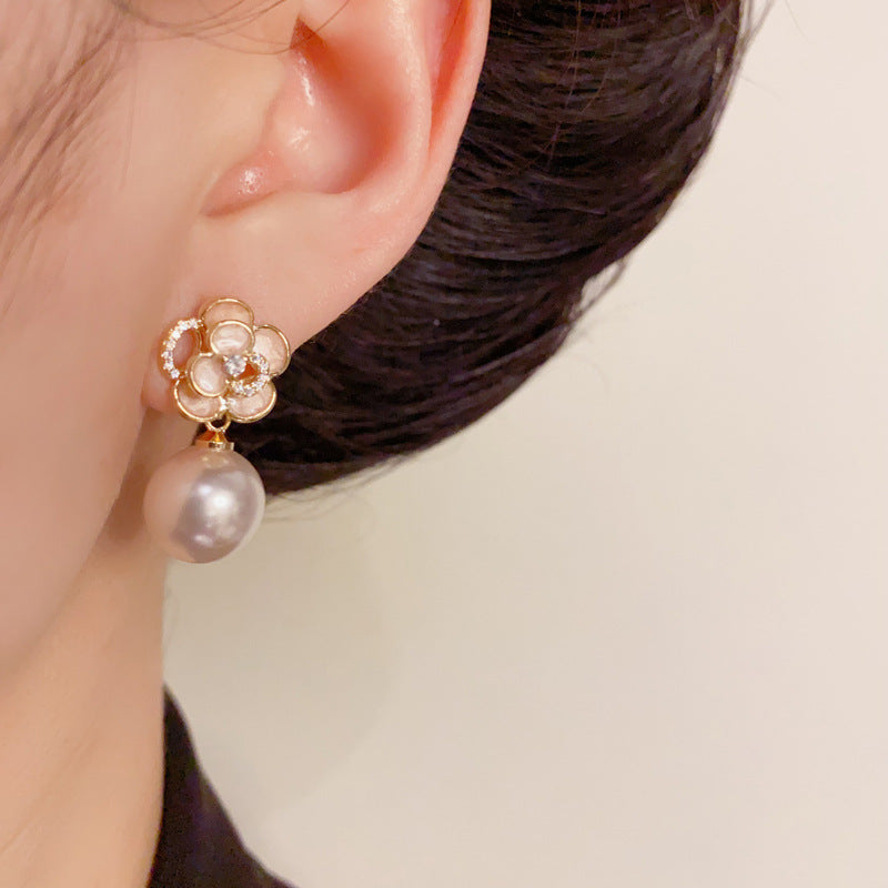 14K Gold Pink Camellia Pearl Drop Earrings – Floral Elegant Design