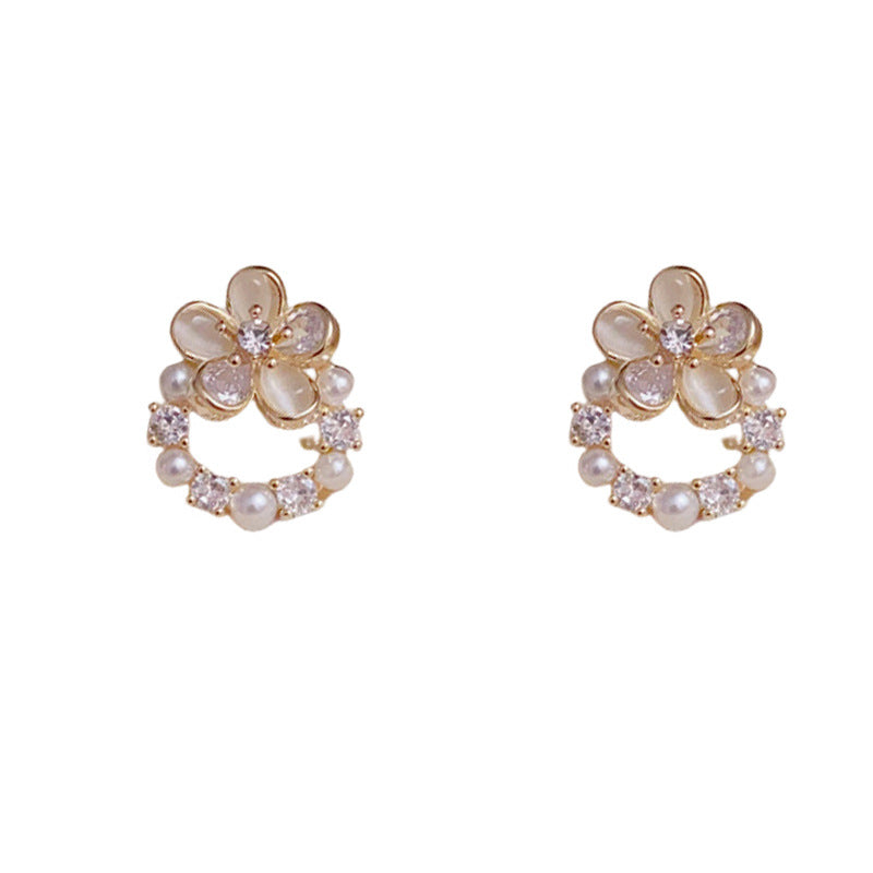 14K Gold Luxury Flower Zircon & Pearl Round Earrings – Elegant Design