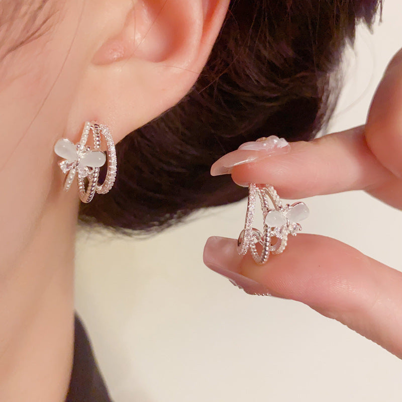 Zircon Butterfly Multi-Layer Arc Stud Earrings – S925 Silver Needle