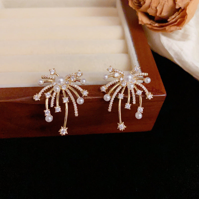 Luxury Full-Zircon & Pearl Firework Gold Earrings – Floral Design