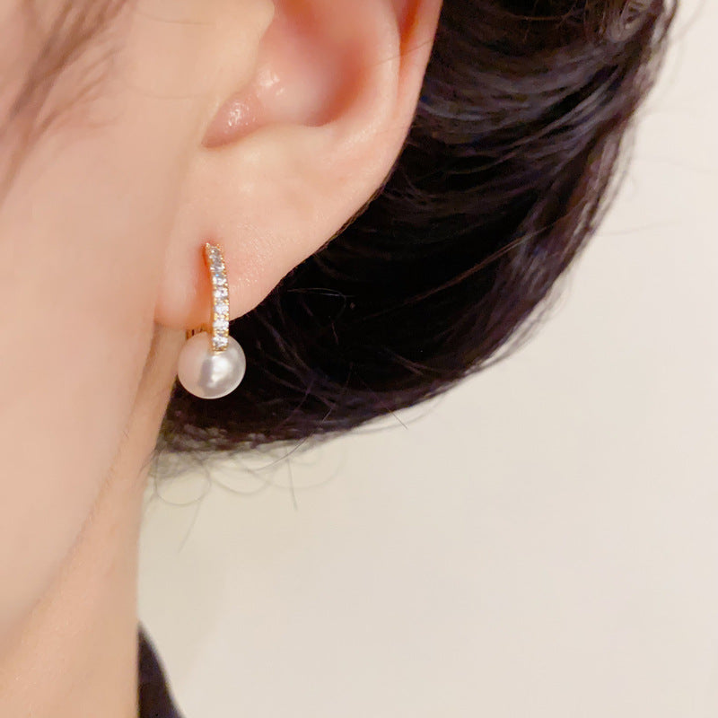 14K Gold Pearl & Zircon Hoop Earrings – Minimalist Luxury Design