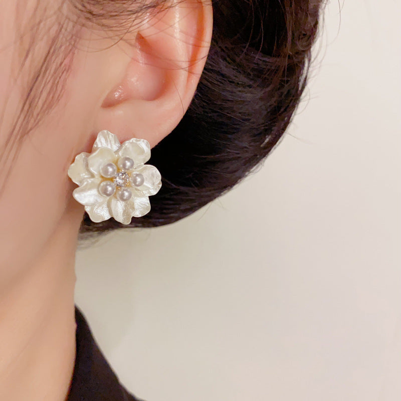 Elegant Pearl & Camellia Stud Floral Earrings – Silver Needle Design