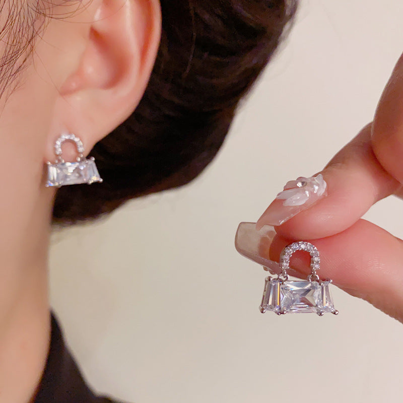 Elegant Full-Zircon Square Bag Stud Earrings – Geometric Design