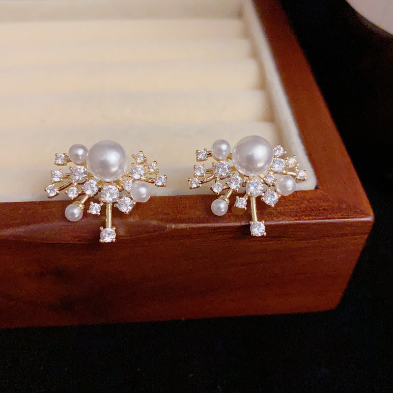 14K Gold-Plated Zircon Firework Pearl Stud Earrings – Elegant Design