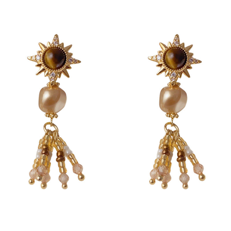 Luxury Sunflower Tiger's Eye Pearl Tassel Earrings – Floral Design