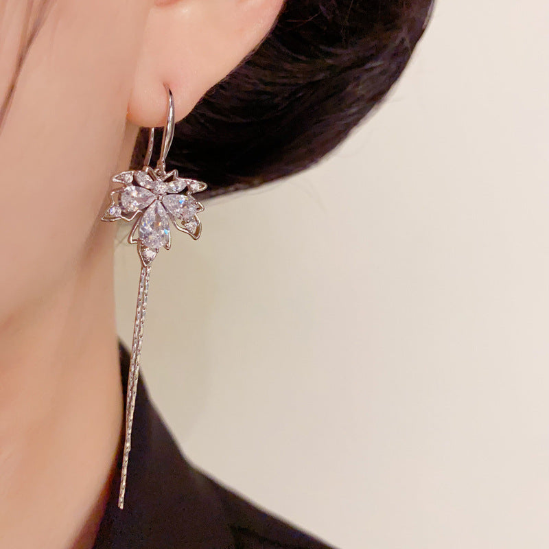 Luxury Zircon Maple Leaf Tassel Ear Hook Earrings – Elegant Design