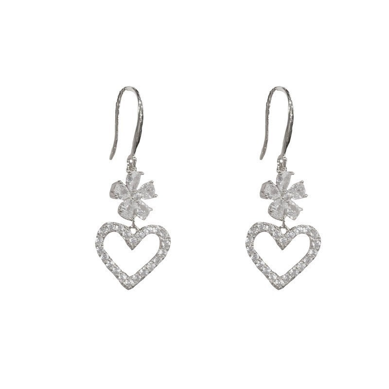 14K Gold Luxury Zircon Flower & Heart Drop Earrings – Elegant Design