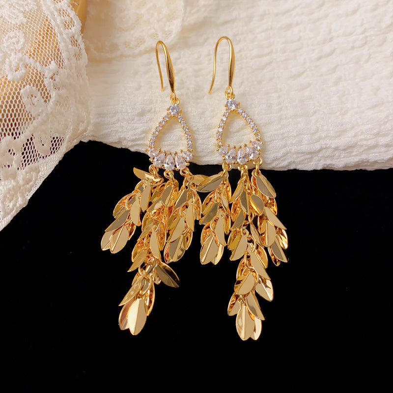Luxury Zircon Wheat Teardrop Tassel Drop Earrings – Elegant Design